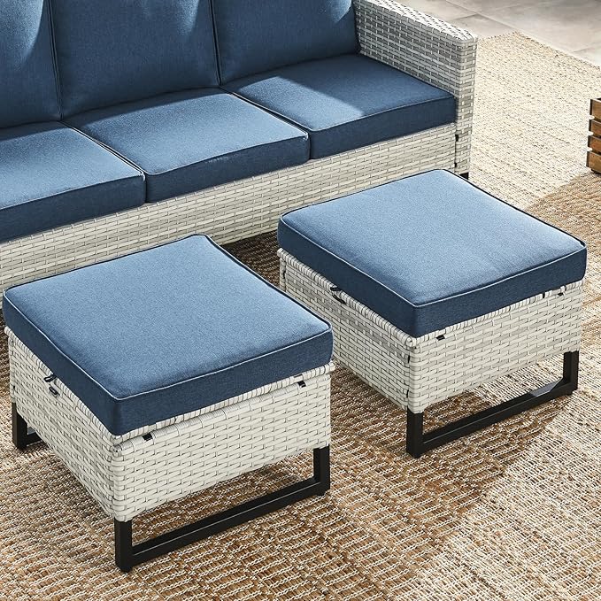 HUMMUH Outdoor Ottomans for Patio Set of 2 PE Wicker Outdoor Footstool with Removable Weather-Resistant Cushions for Patio, Backyard Light Grey Blue