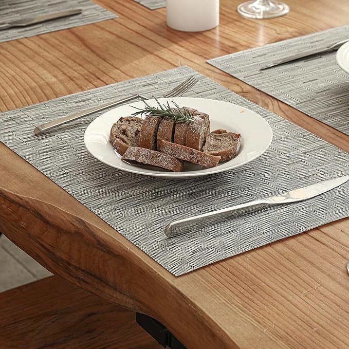 Leetaltree Silver Placemats Set of 4 - Heat Resistant Non-Slip Place mats for Dining Table, Washable Durable PVC Vinyl Woven Table Mats（Silver, 4）