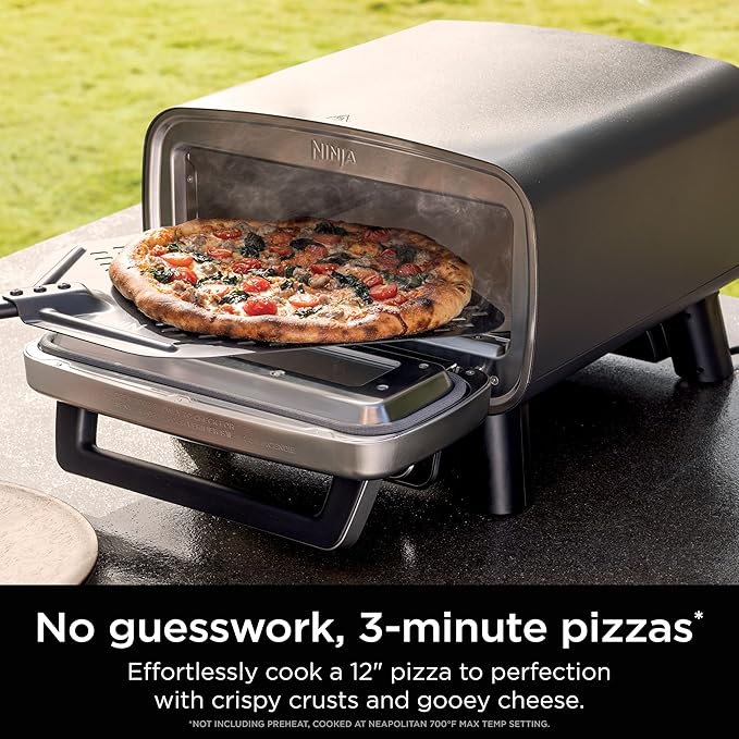 Ninja Artisan Outdoor Pizza Oven, 12-inch, 3-minute Pizza, Neapolitan, Thin Crust, New York Chicago, Custom, 700F Max Temperature, Electric Heat, Bake, Broil, Proof, Warm, MO201