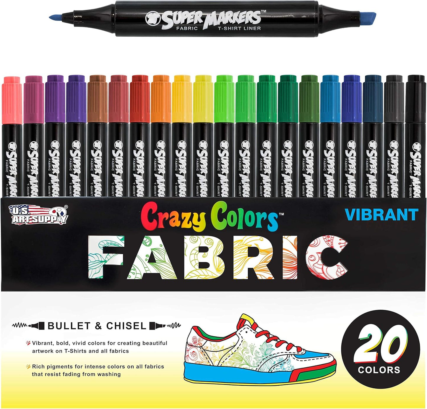 U.S. Art Supply Super Markers 20 Unique Colors Dual Tip Fabric & T-Shirt Marker Set-Double-Ended Fabric Markers with Chisel Point and Fine Point Tips - 20 Permanent Ink Vibrant and Bold Colors