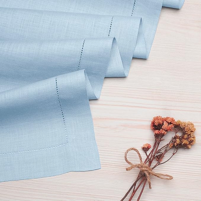 D'Moksha Homes Linen Powder Blue Table Runner 72 Inches Long - 100% Pure Linen Hemstitch Table Runner 14 x 72 Inch for Dresser, Dining, Spring, Easter - Classic Hemstitch
