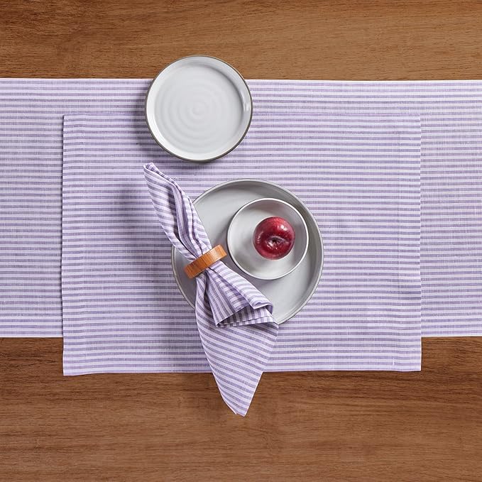 Solino Home Linen Table Runner 144 Inches Long - Narrow Stripe, 100% Pure Linen Lavender and White Table Runner 14 x 144 Inch for Dining, Valentines, Spring, Easter