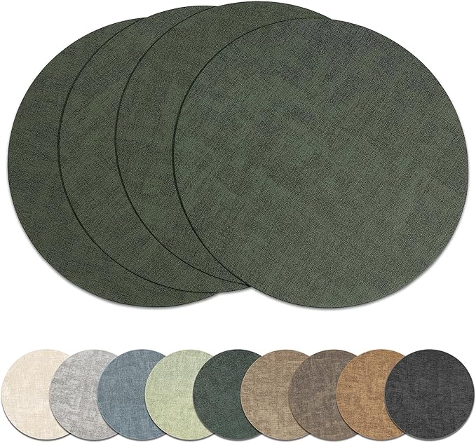 13" Round Placemats Set of 4, Reversible Faux Leather Heat Resistant Table Mats, Waterproof Oilproof Wipeable Table Protective Placemats for Vinyl, Washable for Indoor & Outdoor Use (4, Dark Green)