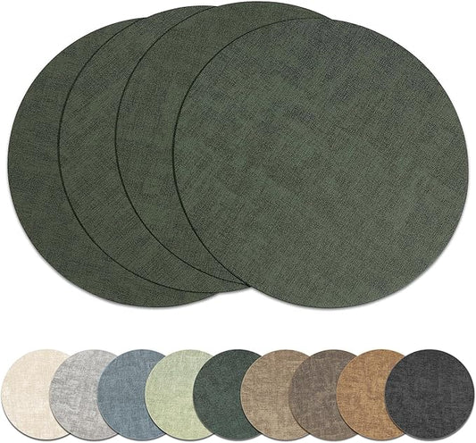 13" Round Placemats Set of 4, Reversible Faux Leather Heat Resistant Table Mats, Waterproof Oilproof Wipeable Table Protective Placemats for Vinyl, Washable for Indoor & Outdoor Use (4, Dark Green)