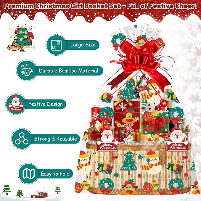 2 Set Baskets for Gifts Empty, Large Bamboo Christmas Gift Baskets with Handle, Foldable Woven Holiday Baskets for Gifts, DIY Gift Wrapping Set, Reusable Decorative Xmas Basket Kit