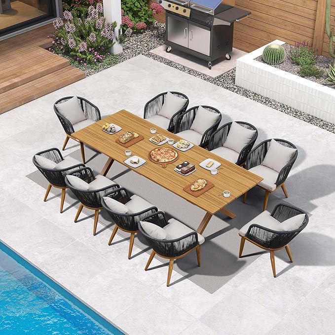 PURPLE LEAF 11 Pieces Patio Dining Set with Storage Box Wicker Teak-Finish Outdoor Furniture Rectangular Table and Chairs Set for Garden Deck Backyard Kitchen, Cushions and Pillows Included