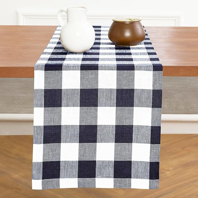 Solino Home Checkered Linen Table Runner 36 Inches - 100% Pure Linen Navy and White Buffalo Check Table Runner 14 x 36 Inch Ideal for Dresser and Coffee Tables - Winter