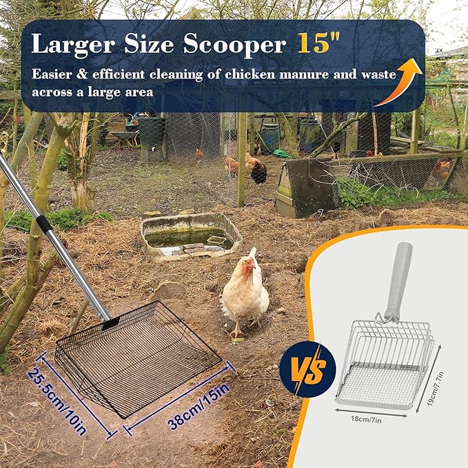 15-inch Large Chicken Poop Scooper with Adjustable Ergonomic Labor-Saving Handle(24in to 57in), Multifunctional Metal Litter Sifting Scoop Shovel for Cleaning Chicken Coop, Goat Stall, Stable