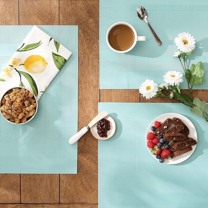 DII PVC Tabletop Collection Woven Indoor/Outdoor, Placemat Set, 13x17.25, Aqua, 6 Piece
