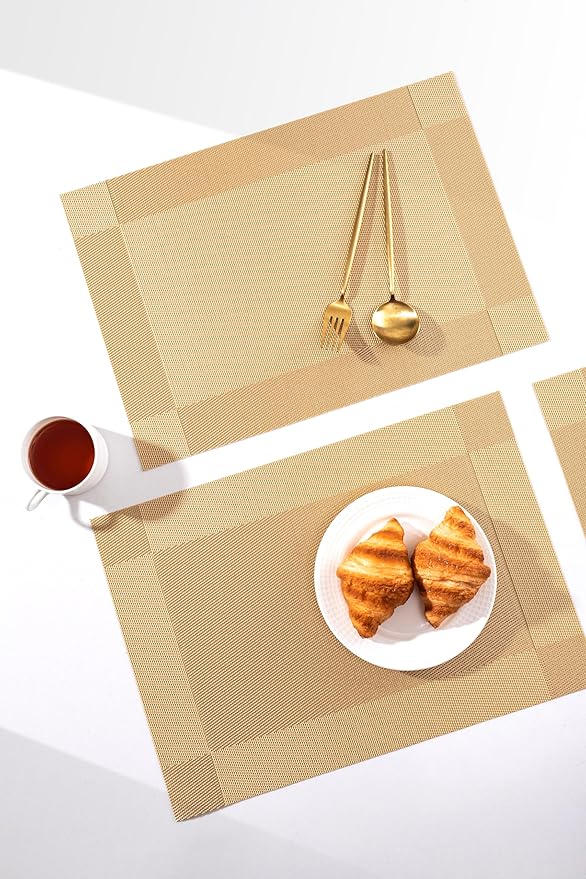 LEXMORE Placemats Set of 4 Vinyl/Plastic Woven Place Mats for Kitchen Table Indoor/Outdoor Washable Placemat Wipeable Dining Table Mats(Gold Cube)
