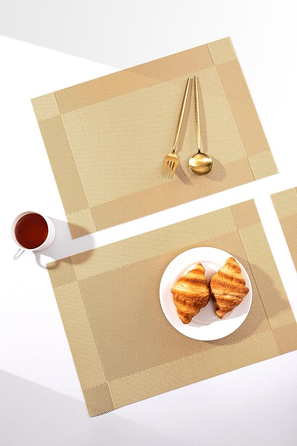 LEXMORE Placemats Set of 8 Vinyl/Plastic Woven Place Mats for Kitchen Table Indoor/Outdoor Washable Placemat Wipeable Dining Table Mats(Gold Cube)