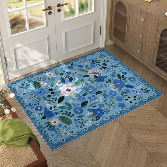 Rugcomf Door Mat Indoor Entrance 2x3 Rug Machine Washable Boho Floral Small Area Rug Non-Slip Low Pile Throw Rugs for Entryway, Kitchen, Front Door Indoor Entrance, Entry, Kids Room (Blue)