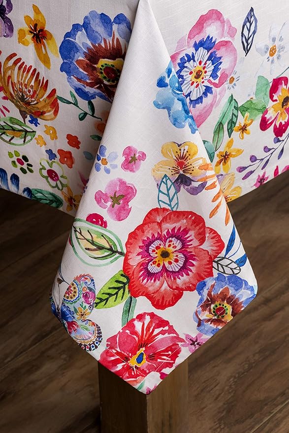 Maison d' Hermine Table Cloth Rectangle Table 100% Cotton 70 x 108 Inches Tablecloth Reusable for Dining Room, Farmhouse, Home, Party, Festive & Wedding Spring Summer - Happy Florals - High Summer