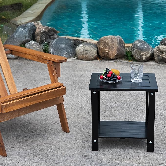 Black Adirondack Outdoor Accent Table – Weather-Resistant Acacia Wood Outdoor End Table with Double Storage, Small Porch Table for Patio, Garden, Lawn, Balcony, and Living Room Use