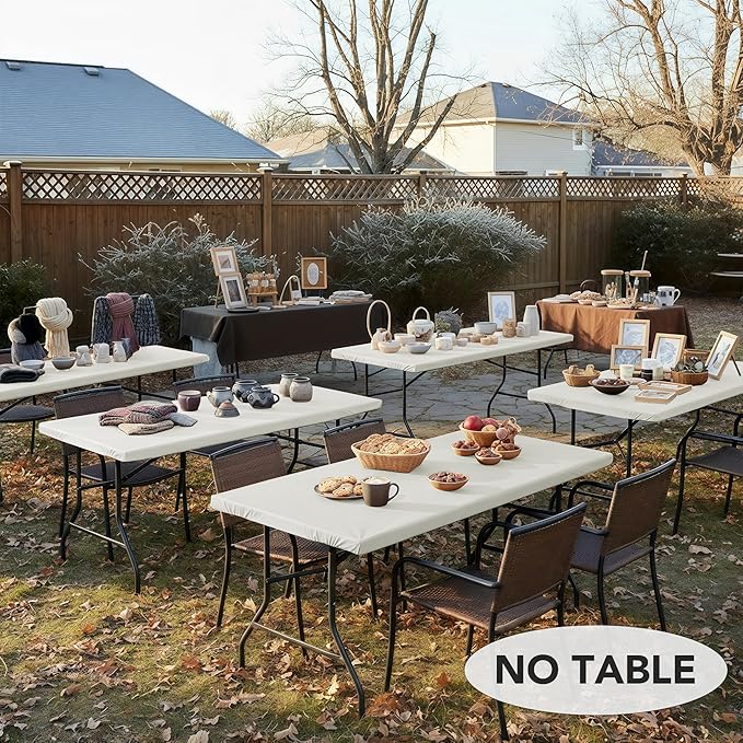LUSHVIDA 6 Packs Vinyl Tablecloths with Flannel Backing for 6ft Rectangle Folding Table Cloths - Waterproof Plastic Picnic Table Covers with Elastic Corners, 30x72 inch, Ivory