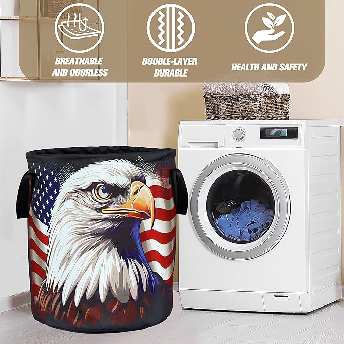 American Flag Eagle Laundry Basket Foldable Oxford Cloth Funny Tote Bag Laundry Hamper Clothes Storage Bucket Organizer For Bathroom/Laundry Storage/Bedroom Storage Basket 17.7x13.7 Inch