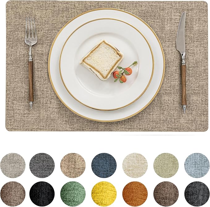 Romanstile Vinyl Placemats Set of 4-12 X 17 Inch - Heat Resistant Place Mats 100% Waterproof Oilproof Wipeable Reversible Faux Leather Table Mats for Kitchen, Dining, Party, Outdoor, Khaki