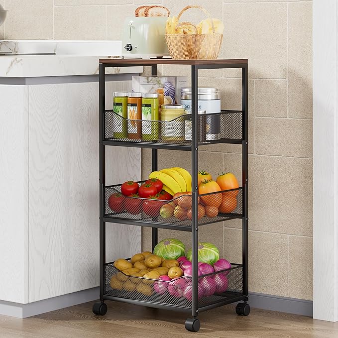 HapiRm Fruit Basket Kitchen Cart - 4-Tier Rolling Storage Cart with Wheels, Fruit Vegetable Basket with Wood Top, Pantry Utility Kitchen Organizer for Fruit Potato Onion Vegetable Bread Snack