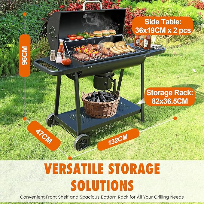 Charcoal BBQ Outdoor Grills: Spacious Barbecue Barrel Grill with Side Tables - Premium Charcoal BBQs for Patio Cooking Backyard Grilling Tailgating Camping Picnic Party