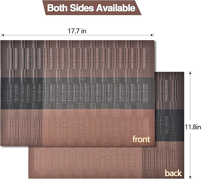 SLKQG Brown Placemats Set of 4 - Easy Clean Modern Durable Washable Vinyl Place Mats - Heat Resistant Placemats for Kitchen Table - PVC Table Mats for Dining Table (Brown Black, 4)