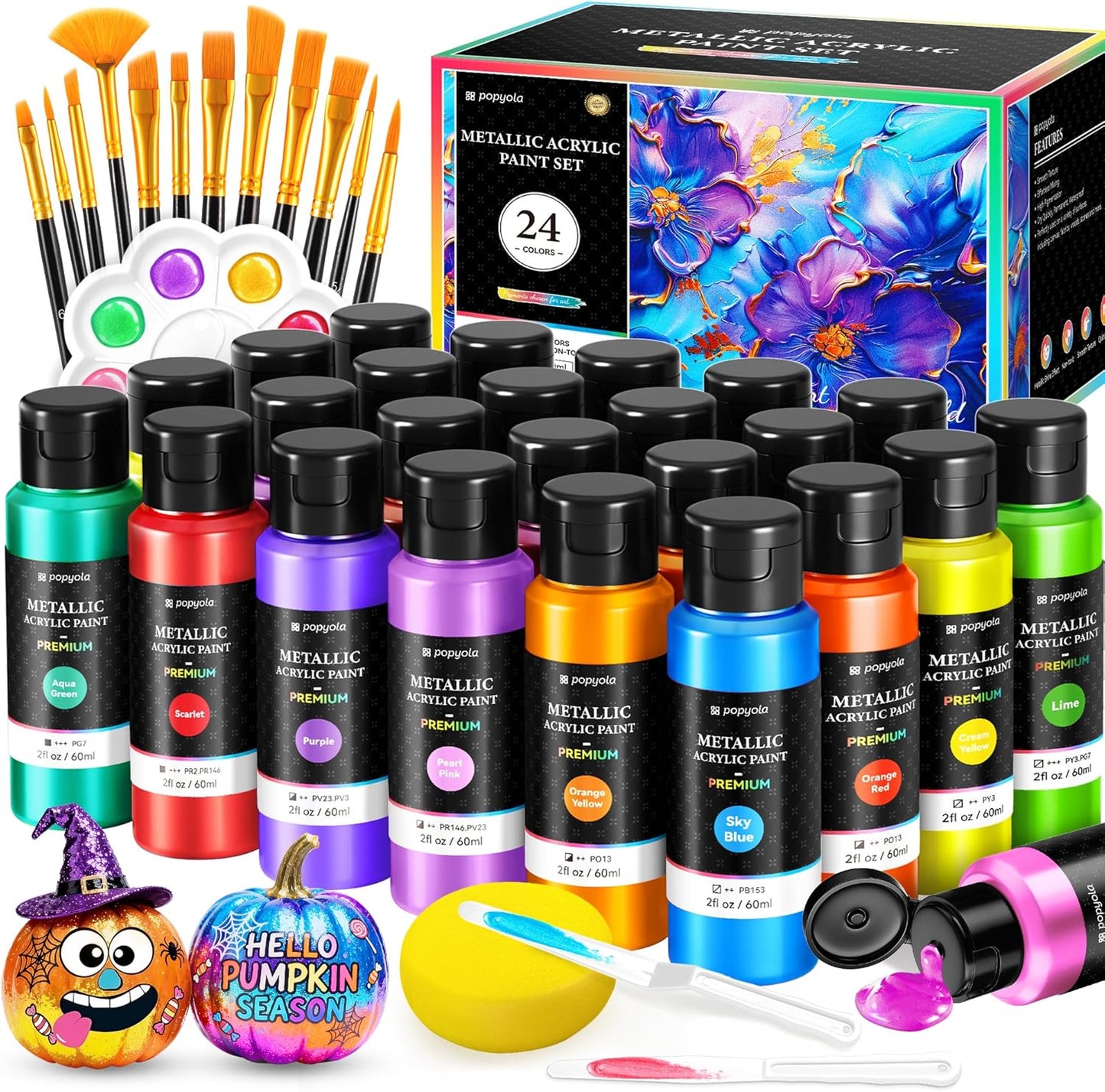 40 PCS Metallic Acrylic Paint Set with 12 Brushes, 2 Knives & Palette, 24 Colors (2oz/60ml) Art Craft Paint for Adults Kids Artists Beginners, Halloween Pumpkin Canvas Ceramic Rock Painting Kit