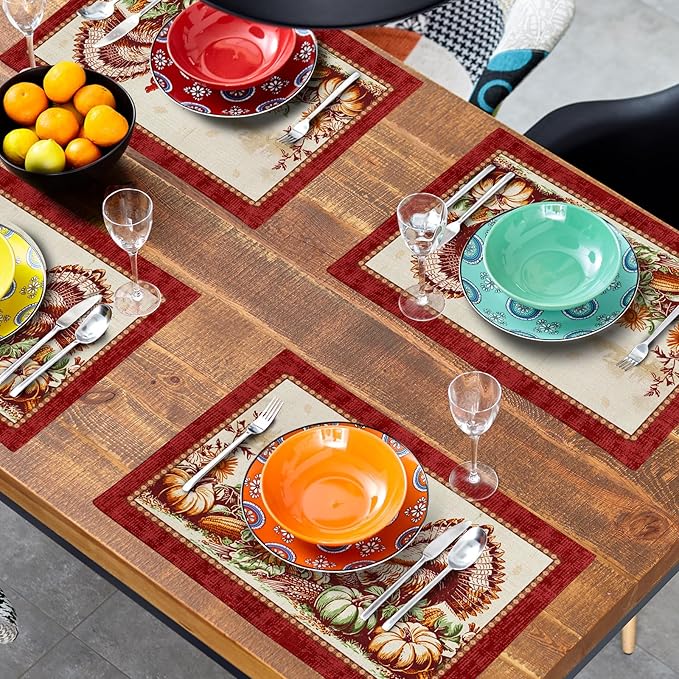 Giwawa 4PCs Thanksgiving Placemats 12x18 Inch Fall Harvest Turkey Autumn Pumpkin Sunflowers Corn Place Mat Non Slip Heat Resistant Table Mats for Kitchen Dining Tabletop Holiday Farmhouse Decor