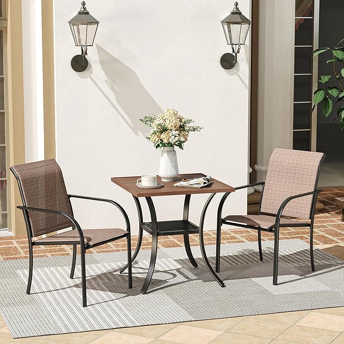VICLLAX Patio Dining Table, Square Table Metal Outdoor Bistro Table with Rack for Balcony Garden Deck, 28inch Walnut