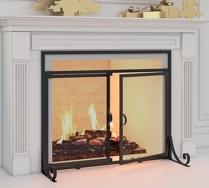 Flat Fireplace Screen with Doors,Solid Wrought Iron Frame with Metal Mesh, Flat Panel Decorative Fireplace Screen with Modern Design, Free Standing Spark Guard