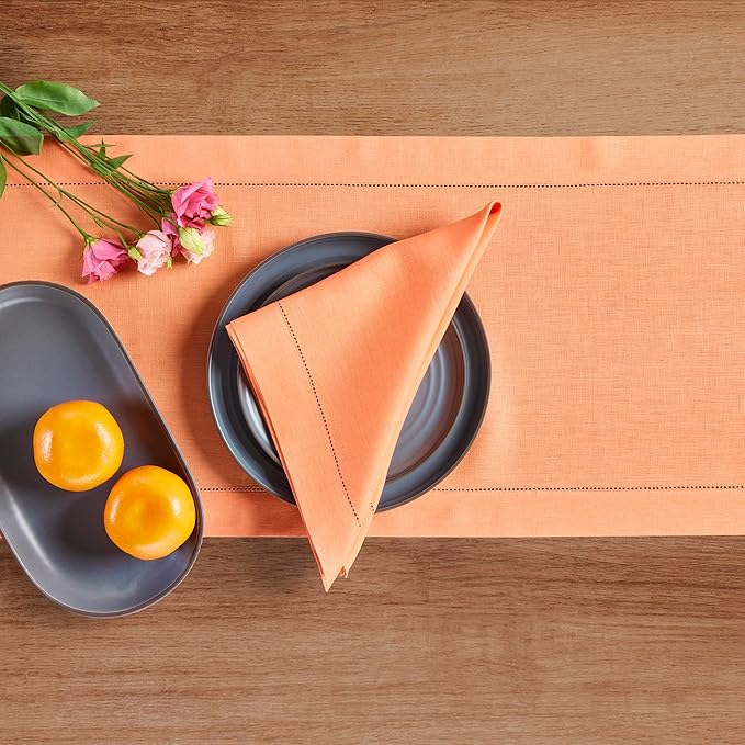 Solino Home Linen Coral Table Runner 72 Inches Long - 100% Pure Linen Hemstitch Table Runner 14 x 72 Inch for Dresser, Dining, Valentines, Spring, Easter - Classic Hemstitch