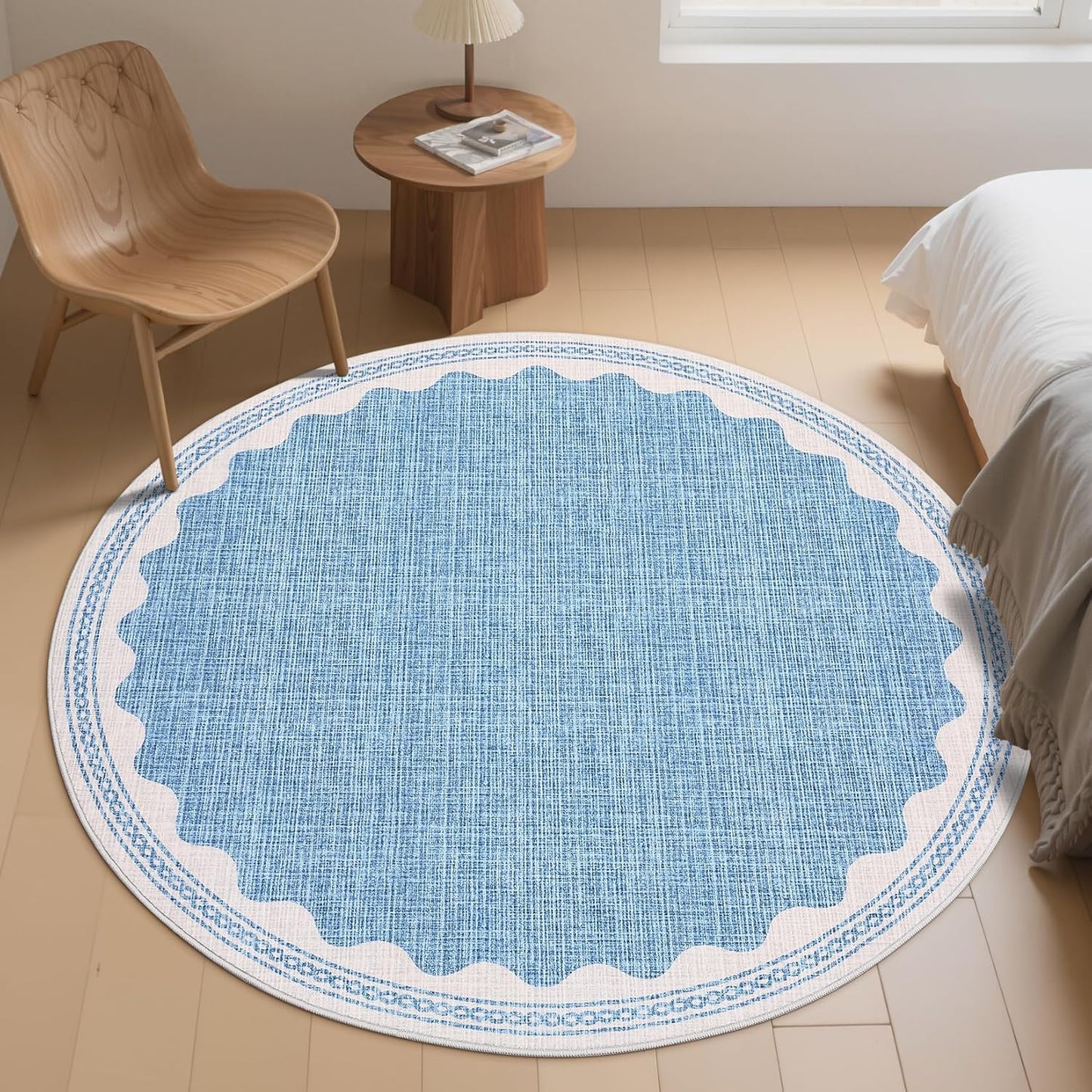 Scalloped Round Rug 4ft, Small Area Rugs Solid Blue Rug for Bedroom Girls, Washable Rugs for Living Room, Non Slip Scalloped Round Bath Mat, Soft Dorm Nursery Carpet for Bedside