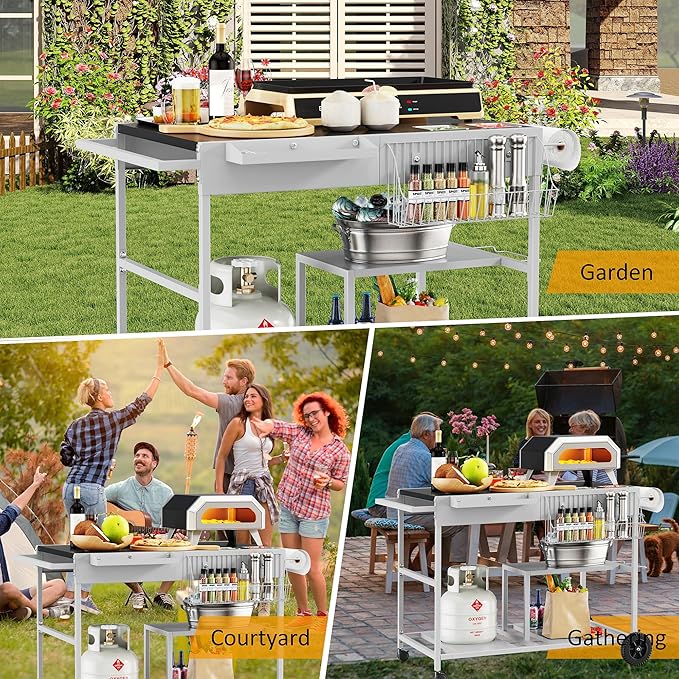 JY QAQA Outdoor Pizza Oven Stand with Condiment Shelf, Outdoor Cooking Cart, Grill Worktable for Patio, Food Prep Station Fits Ninja Woodfire Grill, Cuisinart Grill, Blackstone Griddle