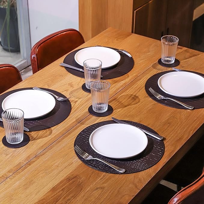 Round Leather Placemats - Placemat Set of 8, Heat Resistant and Waterproof Washable Table Runner, Kitchen Table Runner, 13" X 13" (Brown)