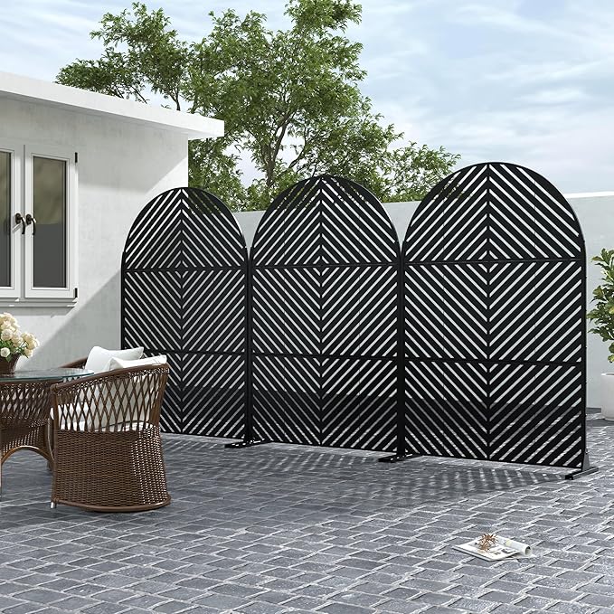 Casaphoria 72" H x 47" W Arched Metal Privacy Screen - Elegant Freestanding Outdoor Screen for Deck, Patio & Balcony - Versatile Decorative Privacy Panels for Home & Garden Use (Black-Paralle)