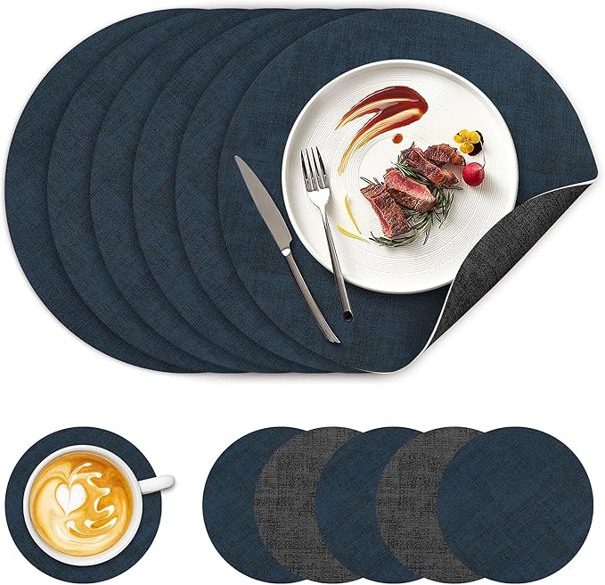 13" Round Placemats Set of 6, NCUE Dual-Sided Faux Leather Heat Resistant Table Mats, Waterproof Oilproof Washable Protective Table Placemats with Coaster, Wipeable Vinyl for Indoor & Outdoor Use