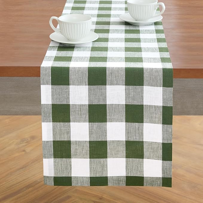 Solino Home Linen Checkered Table Runners 72 Inches Long - 100% Pure Linen Olive and White Buffalo Check Table Runner 14 x 72 Inch Ideal for Dresser, Dining, Spring, St Patricks Day, Easter
