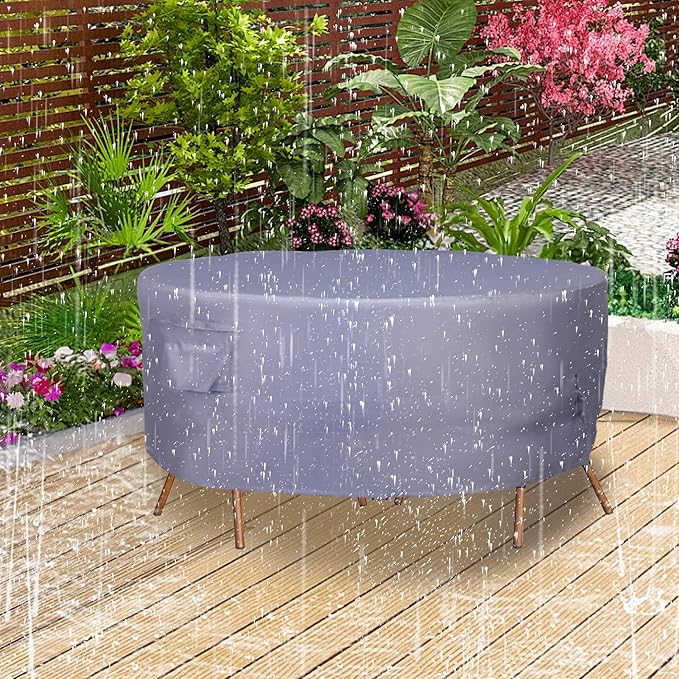 Round Patio Furniture Cover, Heavy Duty and Waterproof for Outdoor Furniture covers, Round outdoor table cover, Patio table cover 96"DIA x 27.5"H Grey
