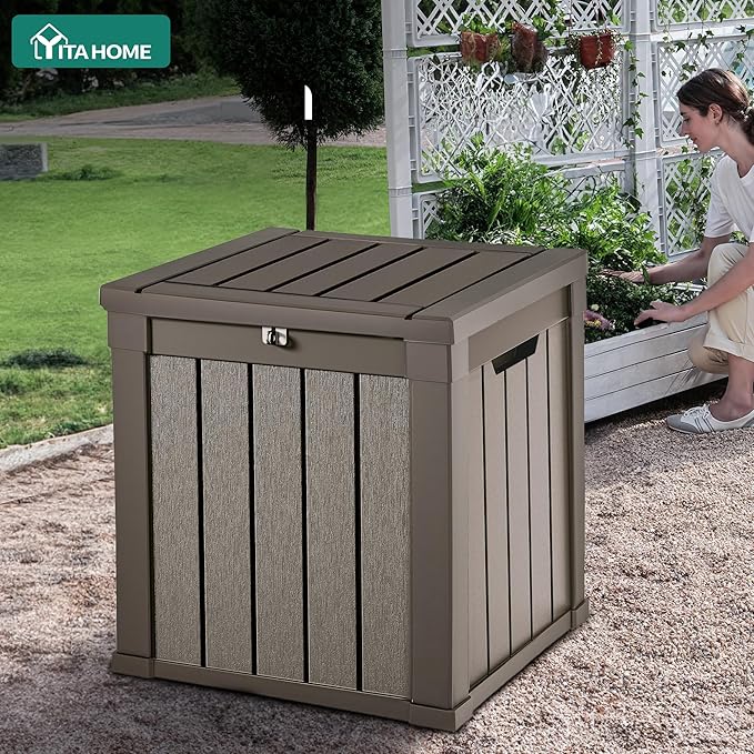 YITAHOME 51 Gallon Outdoor Storage Deck Box, Waterproof Resin Package Delivery and Storage Box with Lockable Lid for Patio Furniture Cushions, Pool Accessories, Garden Tools, Taupe