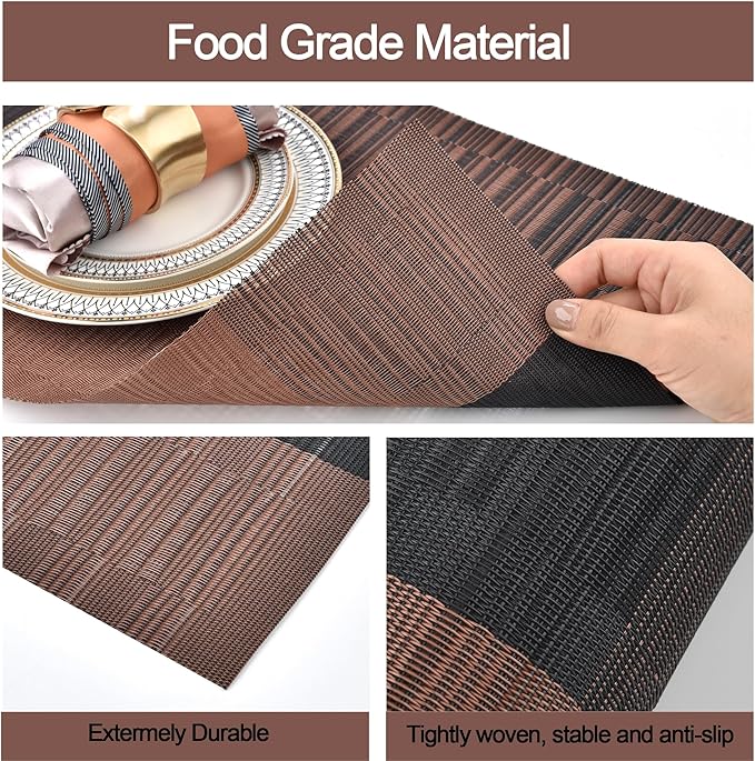 SLKQG Brown Placemats Set of 6 - Easy Clean Modern Durable Washable Vinyl Place Mats - Heat Resistant Placemats for Kitchen Table - PVC Table Mats for Dining Table (Brown Black, 6)