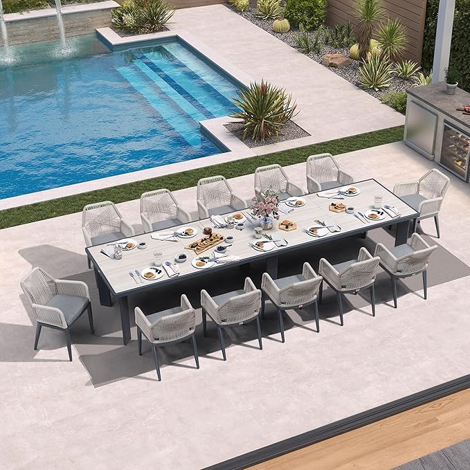 PURPLE LEAF 13 Pieces Patio Dining Set Aluminum Modern Rectangular Table and Rattan Arm Chairs with Cushions for Kitchen Porch Garden Outdoor Furniture Sets, Beige and Dark Grey