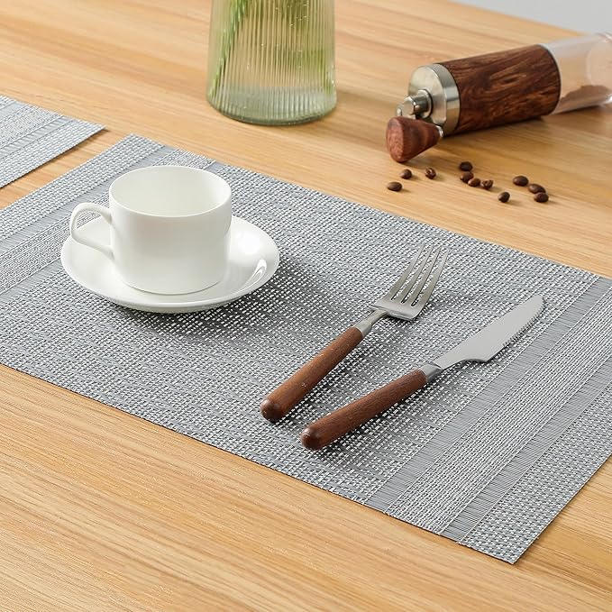 Leetaltree Lunar Grey Placemats Set of 12 - Heat Resistant Non-Slip Place mats for Dining Table, Washable Durable PVC Vinyl Woven Table Mats（Lunar Grey, 12）