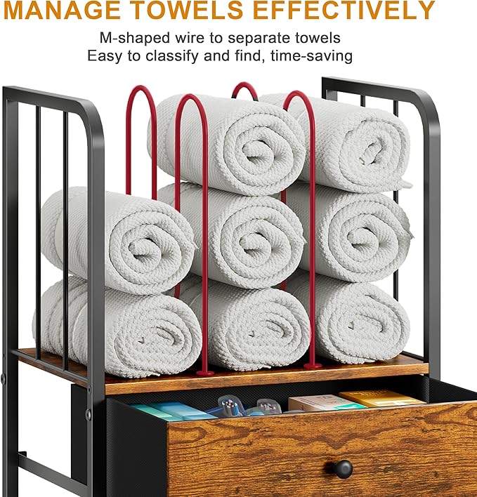 Towel Rack Free Standing 3-Tier with Drawer and M-Shaped Detachable Dividers,Towel Holder with Adjustable Shelf, Towel Organizer Space Saving for Bathroom and Poolside Patent Pending