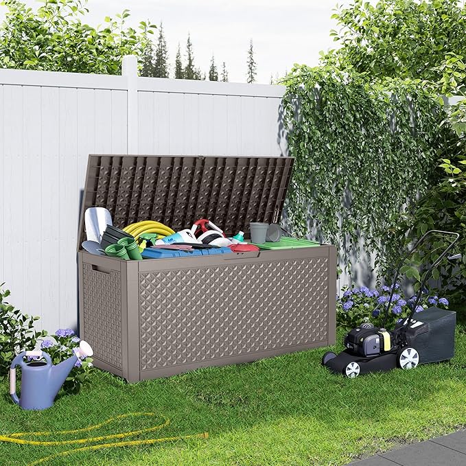 EasyUp 121 Gallon Outdoor Storage Box Waterproof, UV Resistant Resin Deck Box with Hydraulic Rod, Reinforced Stability for Patio, Garden, Quad Leaf Grey
