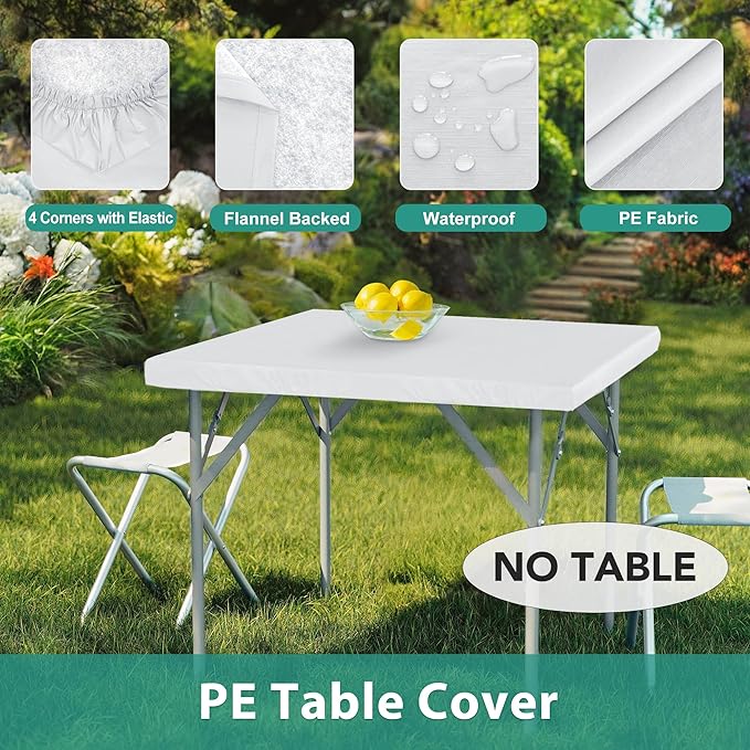 LUSHVIDA 2 Packs Vinyl Card Tablecloth with Flannel Backing 34x34 inch - Waterproof Plastic Picnic Table Cover for Square Folding Table Cloth with Elastic Corners, White