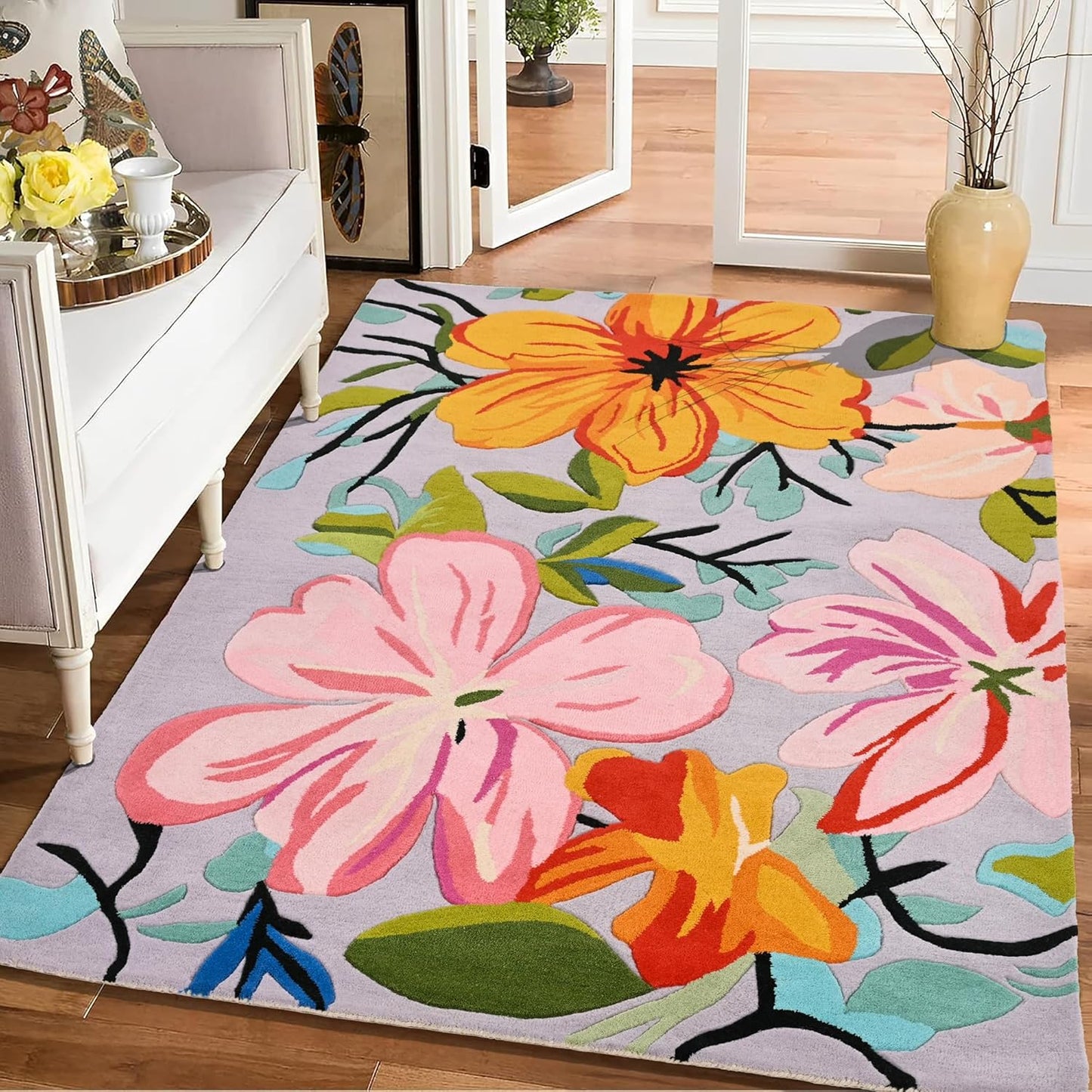 Handmade Wool Floral Area Rug for Living Room | Elegant Flower Garden Design, Soft, Thick and Durable | Bedroom, Dining Room & Home Decor Carpet (5' Round, Floral K)