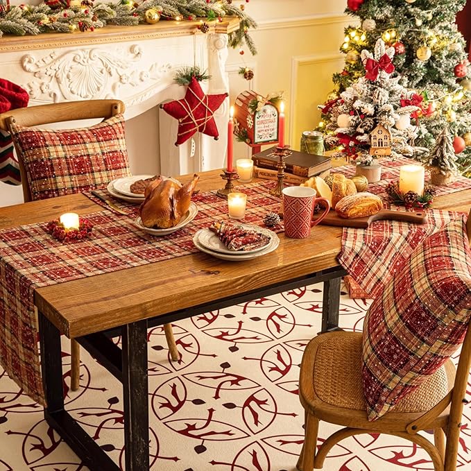 Red Plaid Snowflake Christmas Table Runner, Winter Holiday Table Runners 72 inches Long Xmas Decorations Indoor Outdoor Farmhouse Home Kitchen Dining Party Decor