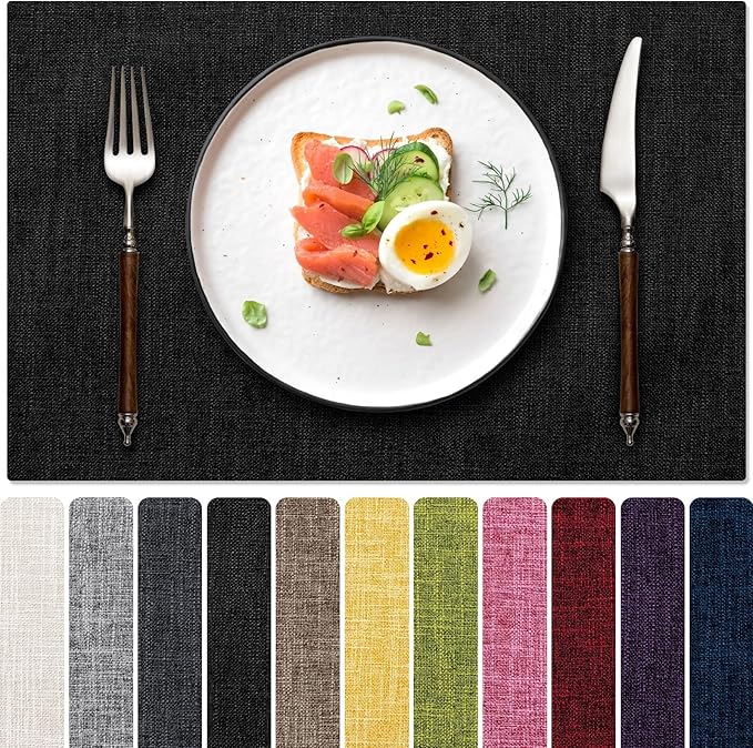 Blue Forest Placemats Set of 8, Dual-Layered Thickened Faux Linen Cloth Place Mats Heat Resistant Machine Washable Wrinkle Free Table Mats Indoor/Outdoor (Black)