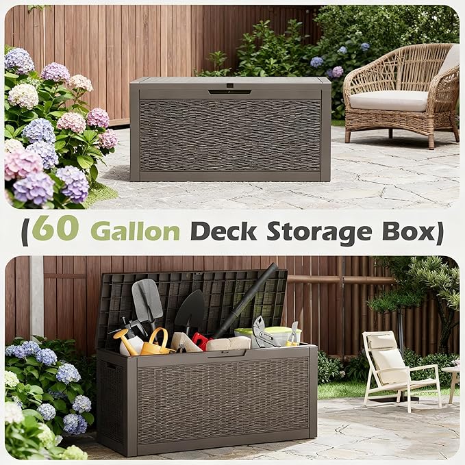 60 Gallon Outdoor Storage Deck Box Waterproof,Large Resin Storage Container for Outside,Patio Accessories for Outsid,Backyard Delivery Boxes,Lockable Lid,Rattan Gray