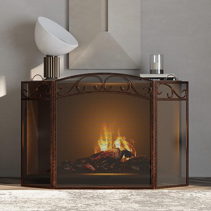 Fire Beauty Fireplace Screen 3 Panel with Handles Wrought Iron 51"(L) x31(H) Spark Guard Cover(Brushed Copper)