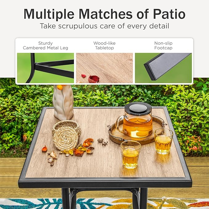 PHI VILLA Patio Bar Table, Outdoor Bar Height Bistro Table with Wooden-Like Table Top & Metal Frame, Brown