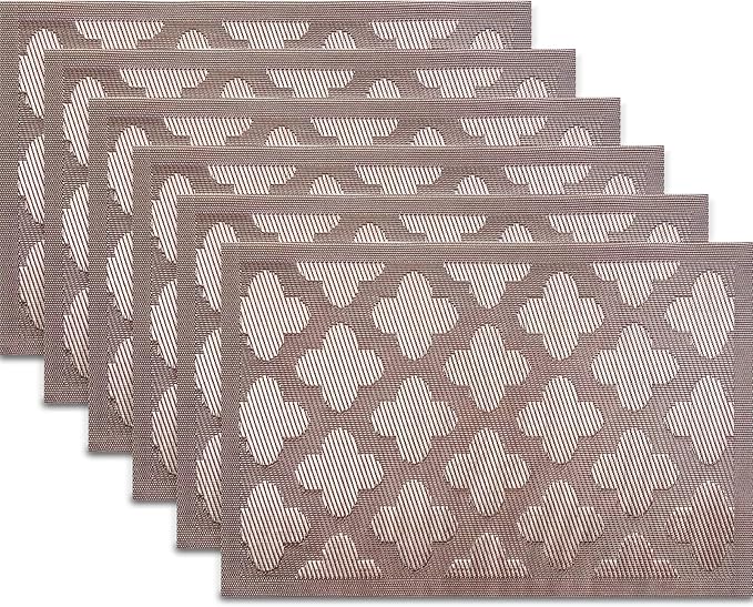 Elegant Placemats Set of 6, Plastic Heat-Resistant Non-Slip Vinyl Place Mats Washable Easy to Clean Placemat for Dining Table (Champagne)
